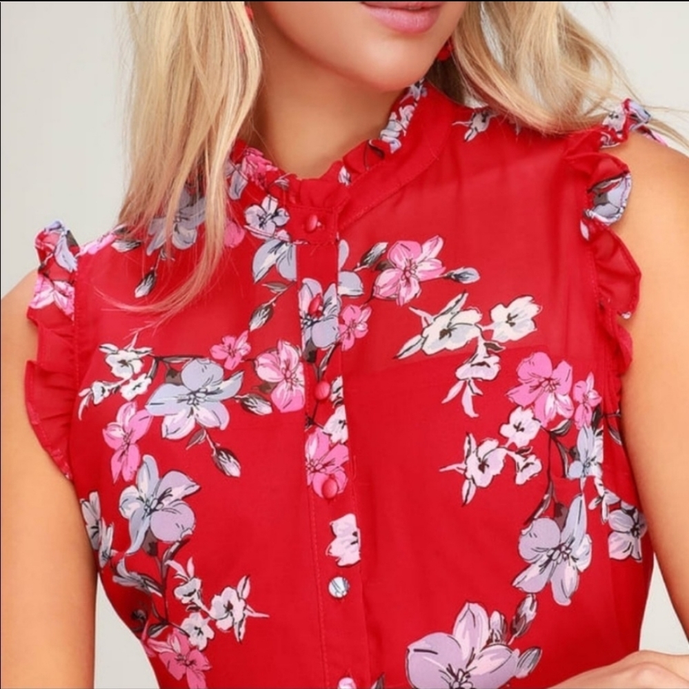 Lulu's Red Floral Ruffled Sleeveless Skater Dress Size Medium - Picture 3 of 13